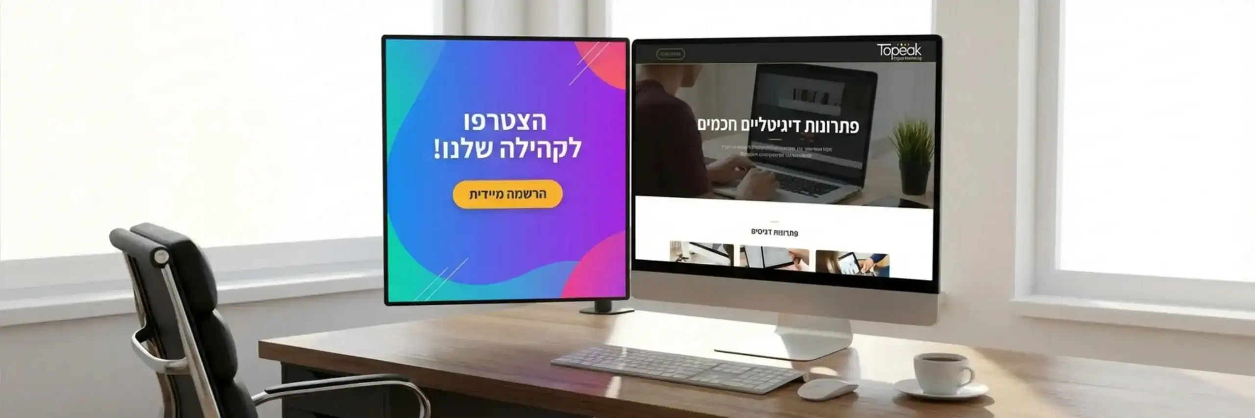 תמונה ריאליסטית של מסך מחשב מפוצל: צד אחד מציג דף נחיתה צבעוני עם כפתור גדול, והצד השני מציג אתר אינטרנט אלגנטי עם תפריט ניווט ותוכן עשיר