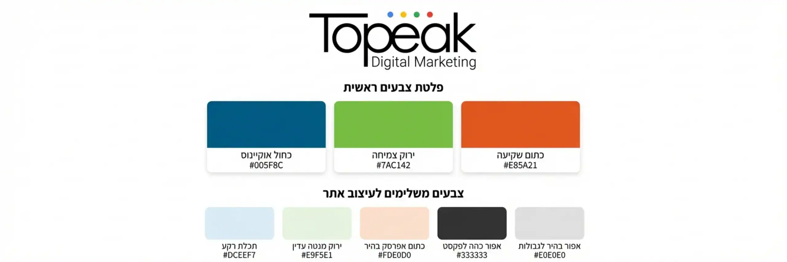 פלטת צבעים המופקת מתוך לוגו של חברה, המציגה צבעים ראשיים וצבעים משלימים לעיצוב האתר