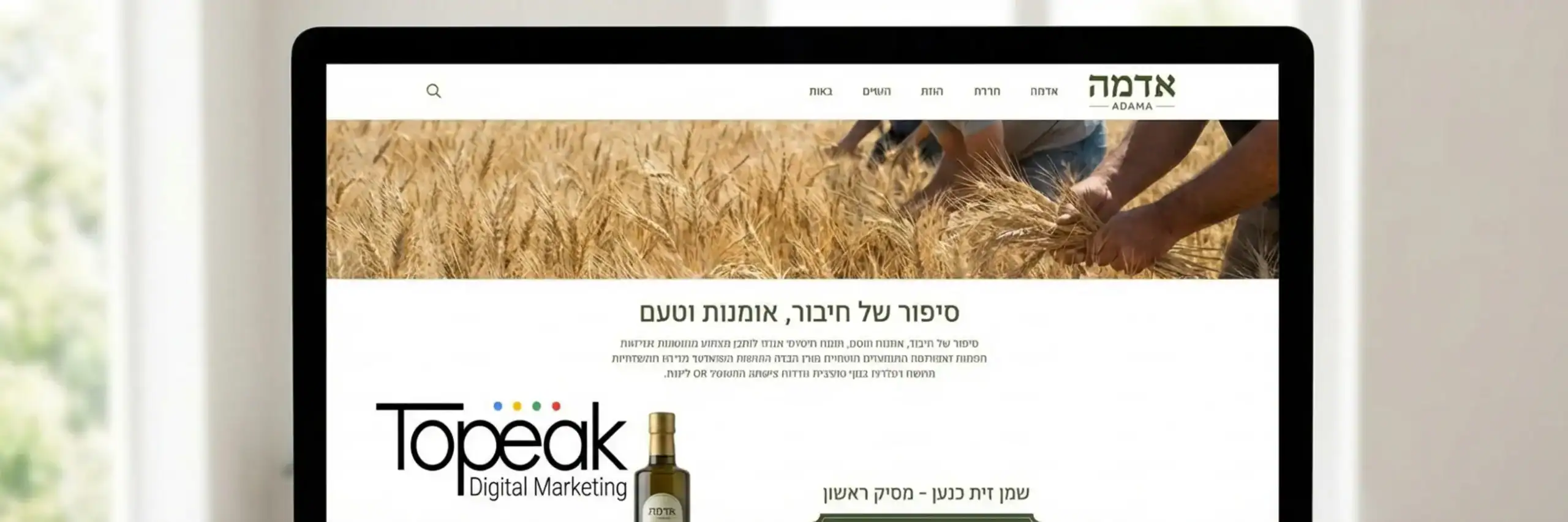 תמונה המציגה מסך מחשב עם עמוד אתר תדמיתי מעוצב, ובתוכו משולב כפתור רכישה אלגנטי ומוצר בודד להמחיש את השילוב בין תדמית למכירה