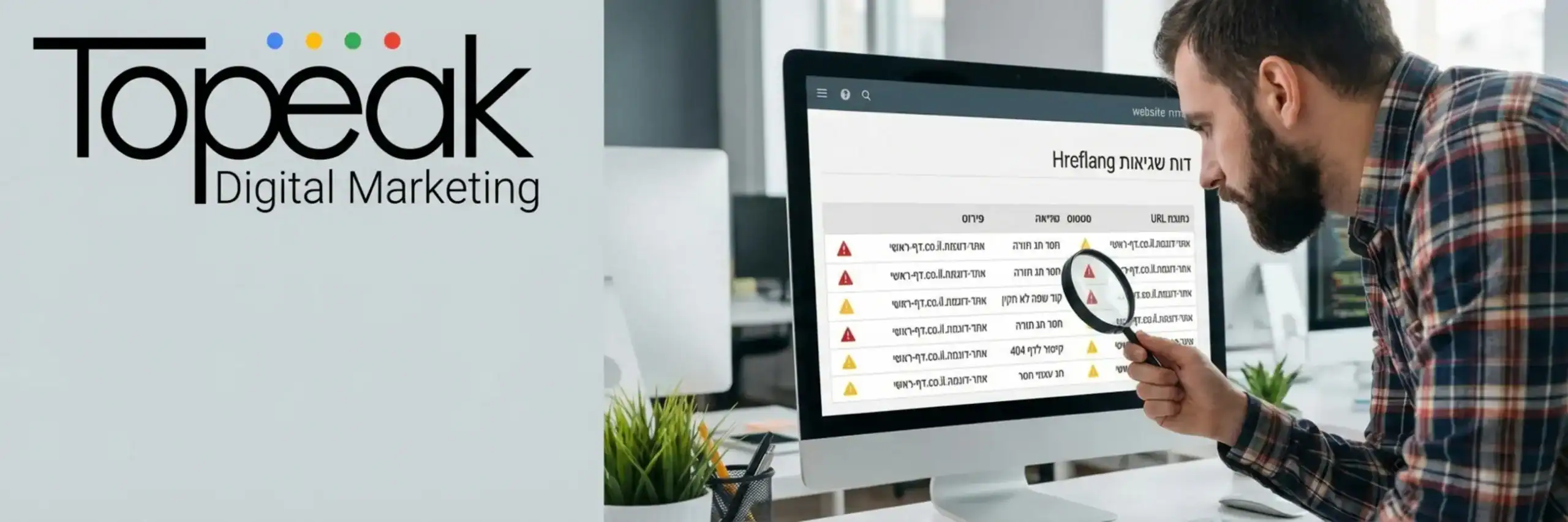 צילום מסך מתוך כלי סריקת אתרים המציג דוח שגיאות Hreflang. רואים רשימה של דפים עם נורות אזהרה אדומות וצהובות, וליד כל שגיאה הסבר קצר כמו