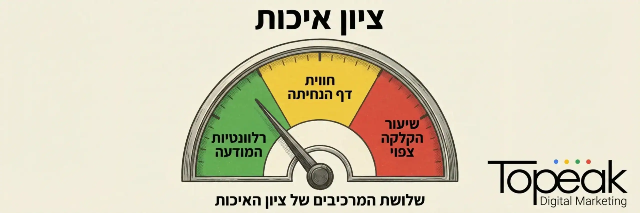 תמונה המציגה מד מהירות שמחולק לשלושה חלקים: רלוונטיות המודעה, חווית דף הנחיתה, ושיעור הקלקה צפוי - שלושת המרכיבים של ציון האיכות