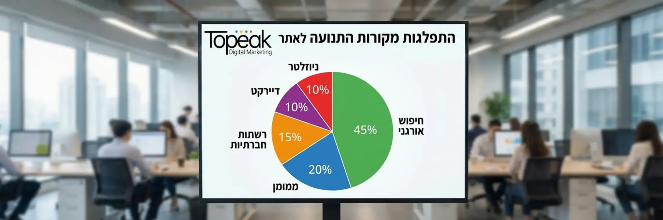 גרף עוגה הממחיש את התפלגות מקורות התנועה לאתר מסחר מצליח: חיפוש אורגני, ממומן, רשתות חברתיות, דיירקט וניוזלטר