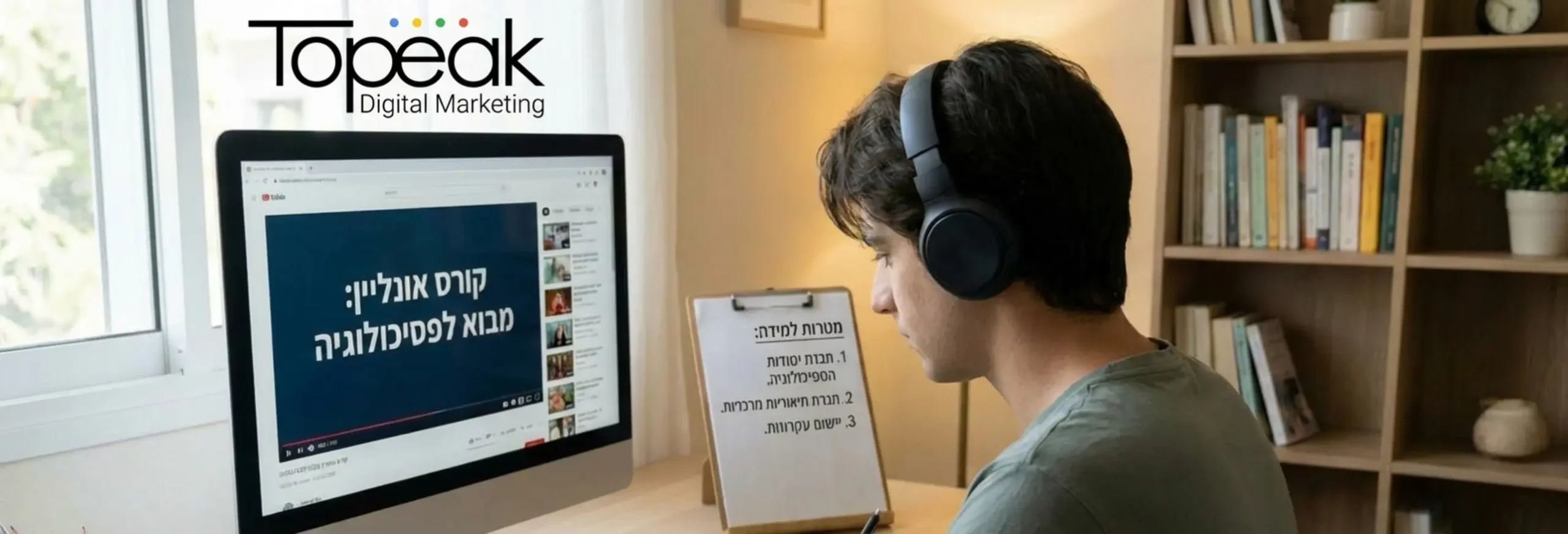 תמונה המציגה אדם יושב מול מחשב עם אוזניות ומחברת, לומד קורס אונליין, כשלצדו רשימת מטרות למידה