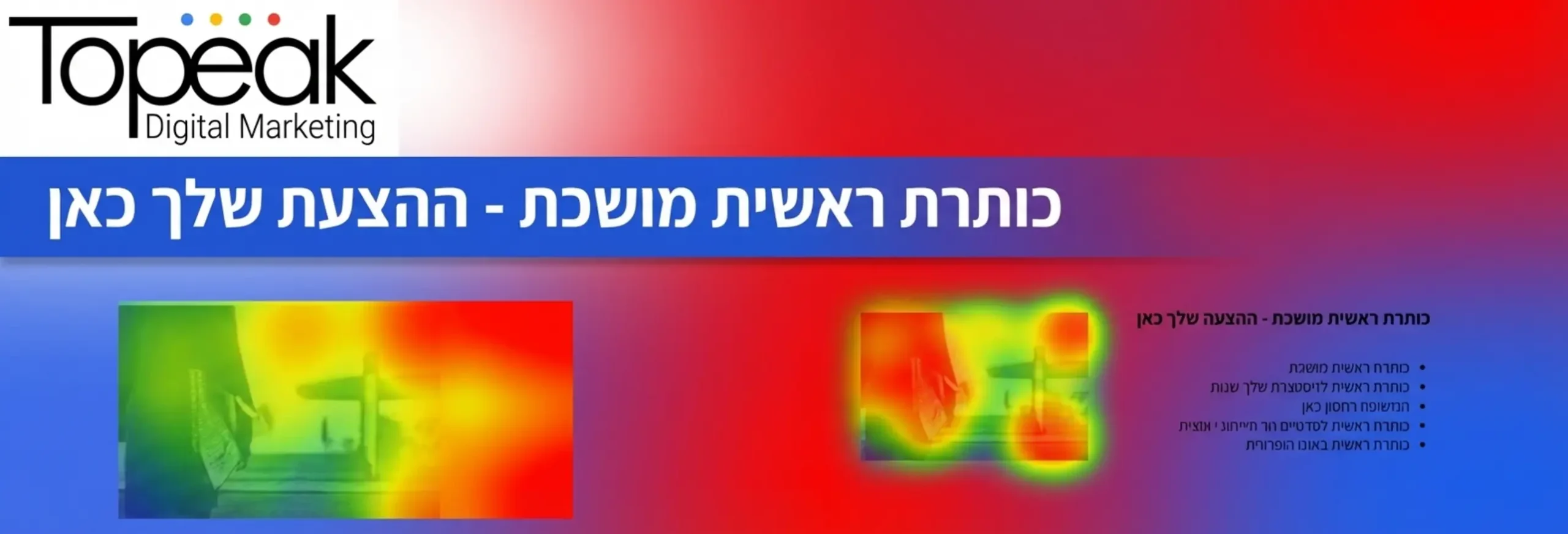 מפת חום של דף נחיתה המציגה אזורים אדומים חמים באזור הכותרת הראשית וכפתור הרכישה, ואזורים כחולים וקרים בתחתית הדף באזור טקסט ארוך ללא חלוקה נוחה לקריאה