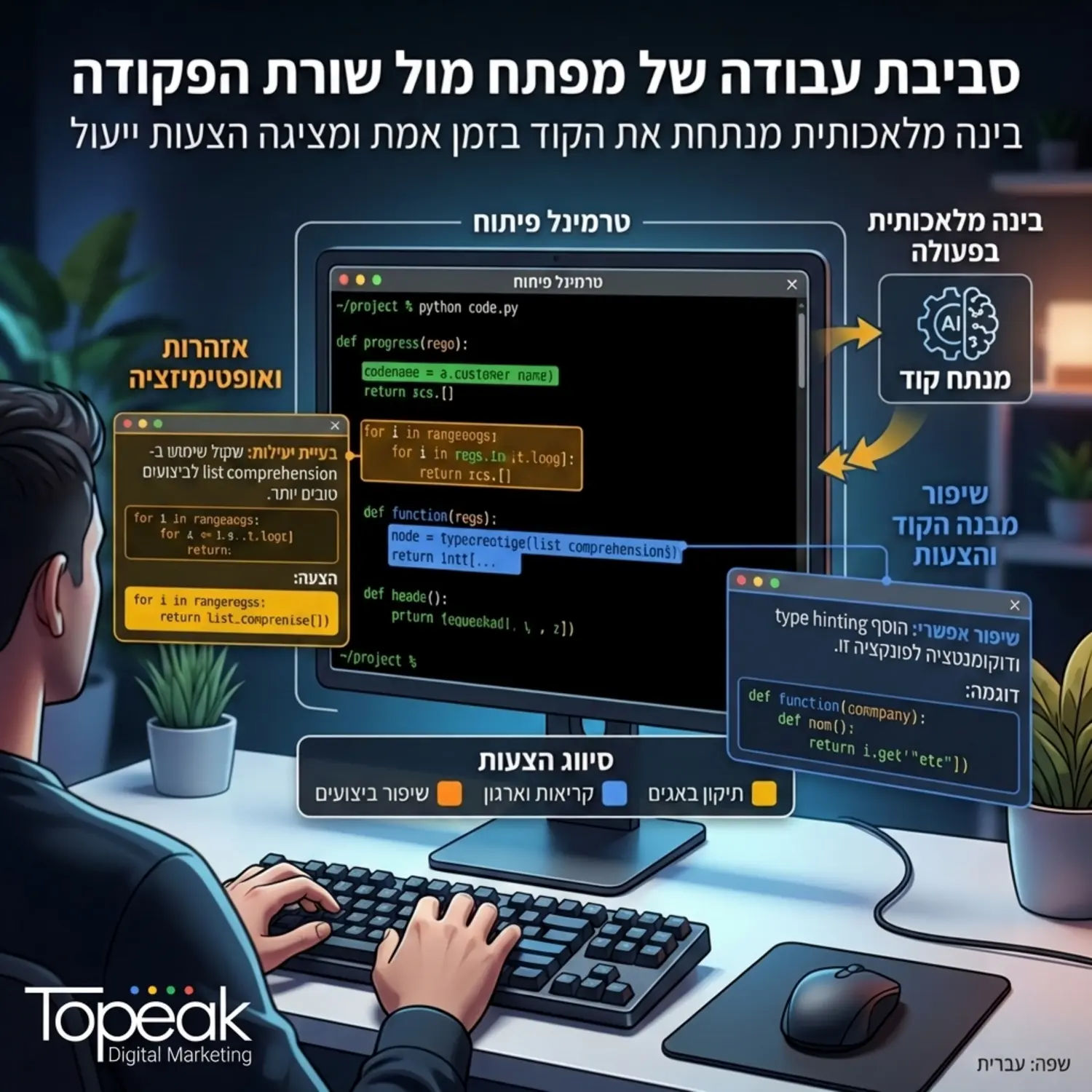 אינפוגרפיקה המציגה את סביבת העבודה של מפתח מול שורת הפקודה כאשר בינה מלאכותית מנתחת את הקוד בזמן אמת ומציגה הצעות ייעול בצבעים שונים על גבי מסך שחור של טרמינל