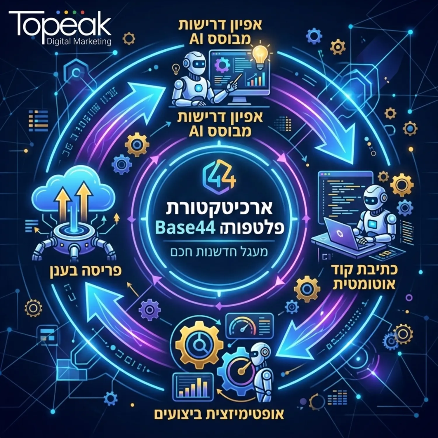 אינפוגרפיקה המציגה את הארכיטקטורה של פלטפורמת Base44. האינפוגרפיקה צריכה להראות תרשים זרימה מעגלי המתחיל באפיון דרישות מבוסס AI, עובר לכתיבת קוד אוטומטית, משם לאופטימיזציית ביצועים ולבסוף פריסה בענן. יש להשתמש בצבעים כחול ניאון וסגול כדי לשדר טכנולוגיה עתידנית, עם אייקונים של רובוטים חכמים וגלגלי שיניים המשולבים יחד.