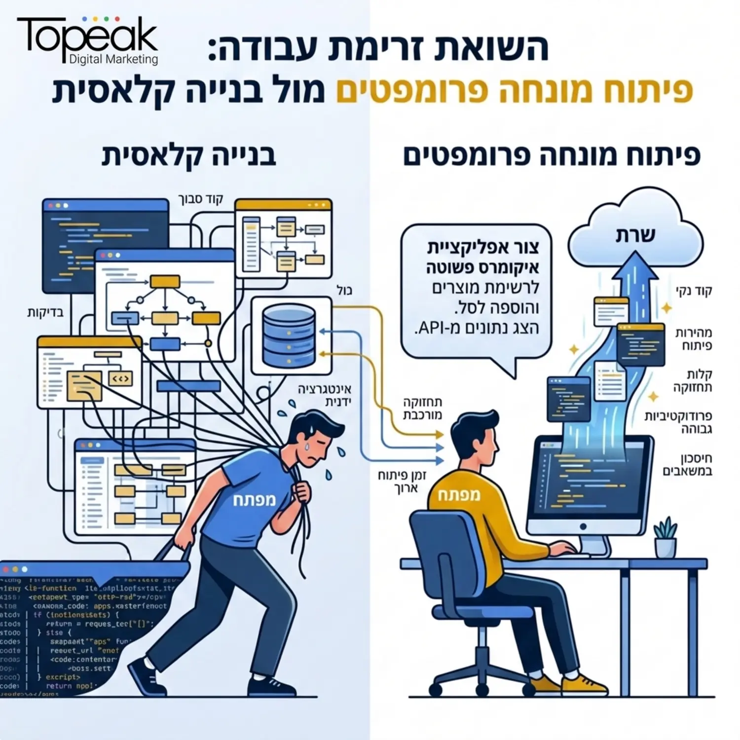 אינפוגרפיקה המציגה את זרימת העבודה של פיתוח מונחה פרומפטים מול בנייה קלאסית, בצד אחד נראה משתמש גורר אלמנטים כבדים עם קוד סבוך מתחת לפני השטח, ובצד השני משתמש כותב הנחיה קצרה לבינה המלאכותית המפיקה קוד נקי וזורם ישירות לשרת