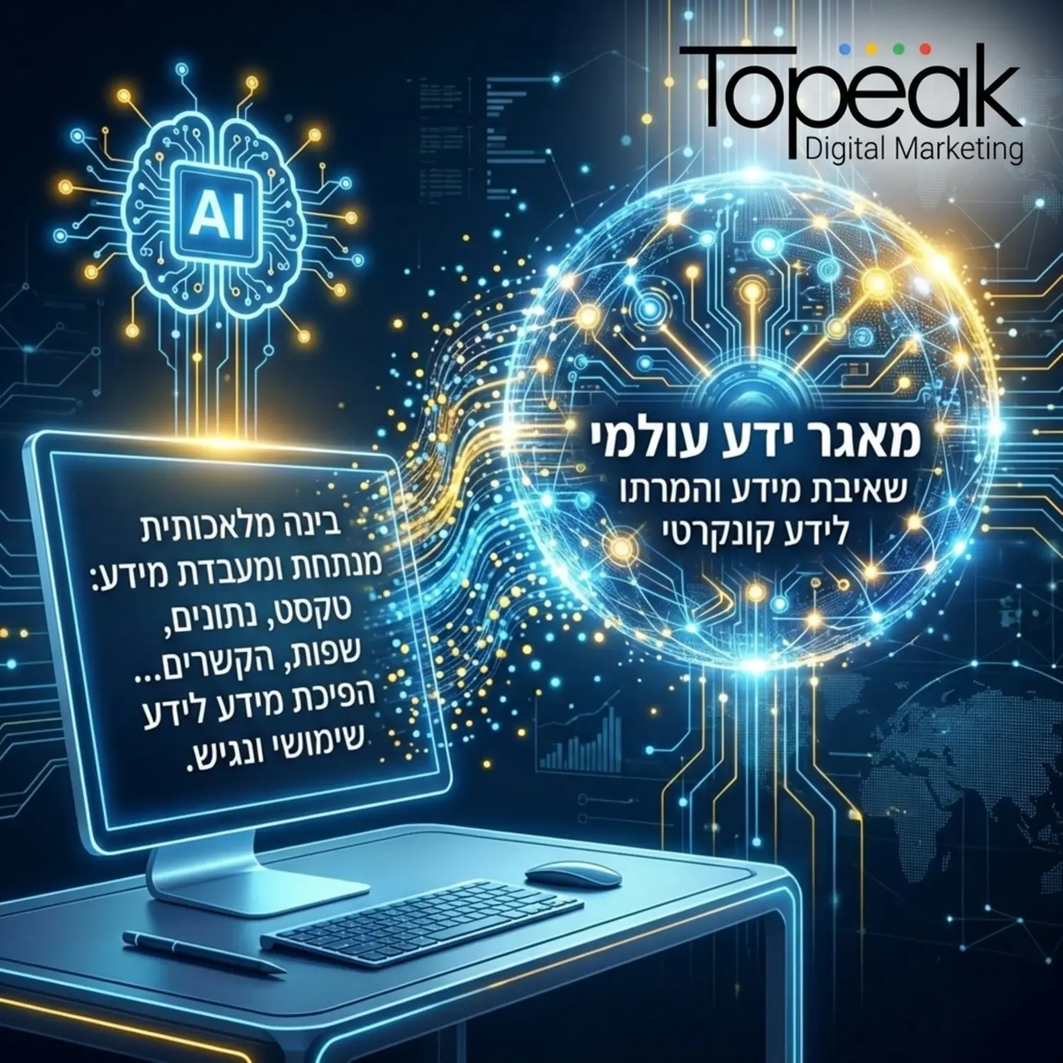 תמונה המציגה כלי עבודה דיגיטליים המייצגים בינה מלאכותית הקוראת טקסט מתוך מסך ומתרגמת אותו לנקודות אור המתחברות למאגר נתונים גלובלי צף באוויר הממחיש את שאיבת המידע והפיכתו לידע קונקרטי