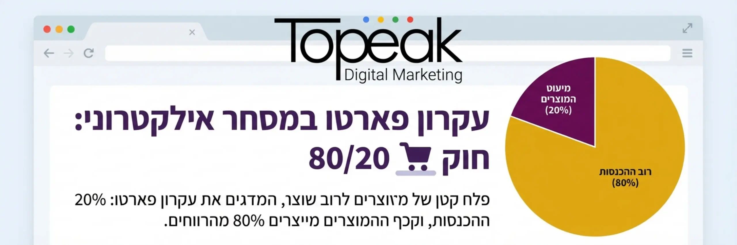 תרשים עוגה שמראה את חלוקת ההכנסות בחנות וירטואלית, כאשר פלח קטן של מוצרים אחראי לרוב ההכנסות, עם כיתוב שמסביר את עקרון פארטו במסחר אלקטרוני