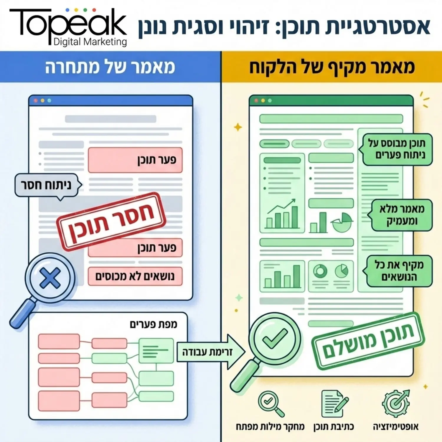 אינפוגרפיקה המחלקת מסך לשניים צד אחד מראה מאמר של מתחרה עם אזורים חסרים באדום וצד שני מראה מאמר מלא ומקיף של הלקוח שנבנה על בסיס זיהוי פערי התוכן וצבוע בירוק