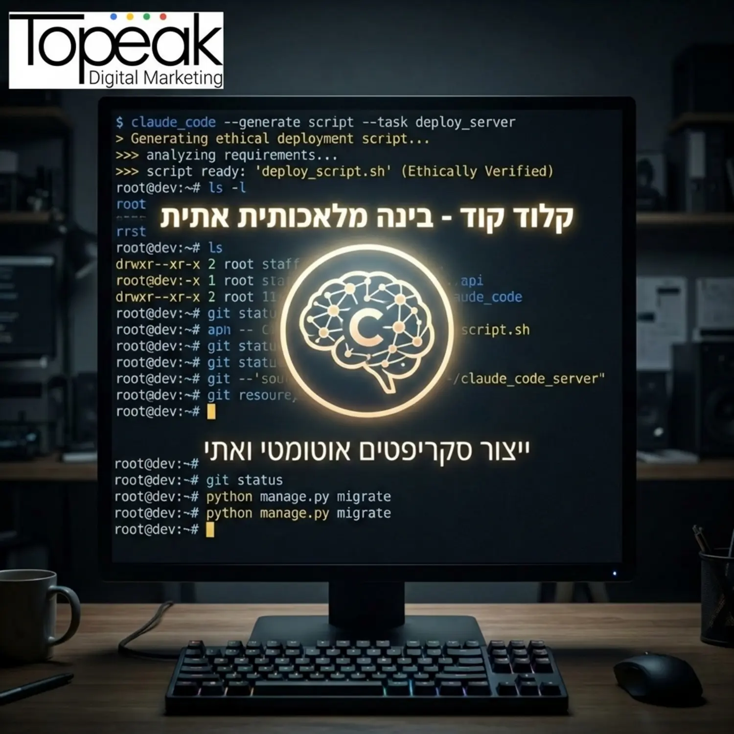 מסך מחשב כהה המציג שורות קוד רבות של טרמינל ובמרכזו לוגו מואר של בינה מלאכותית המסמלת את קלוד קוד המייצר סקריפטים באופן אוטומטי ואתי