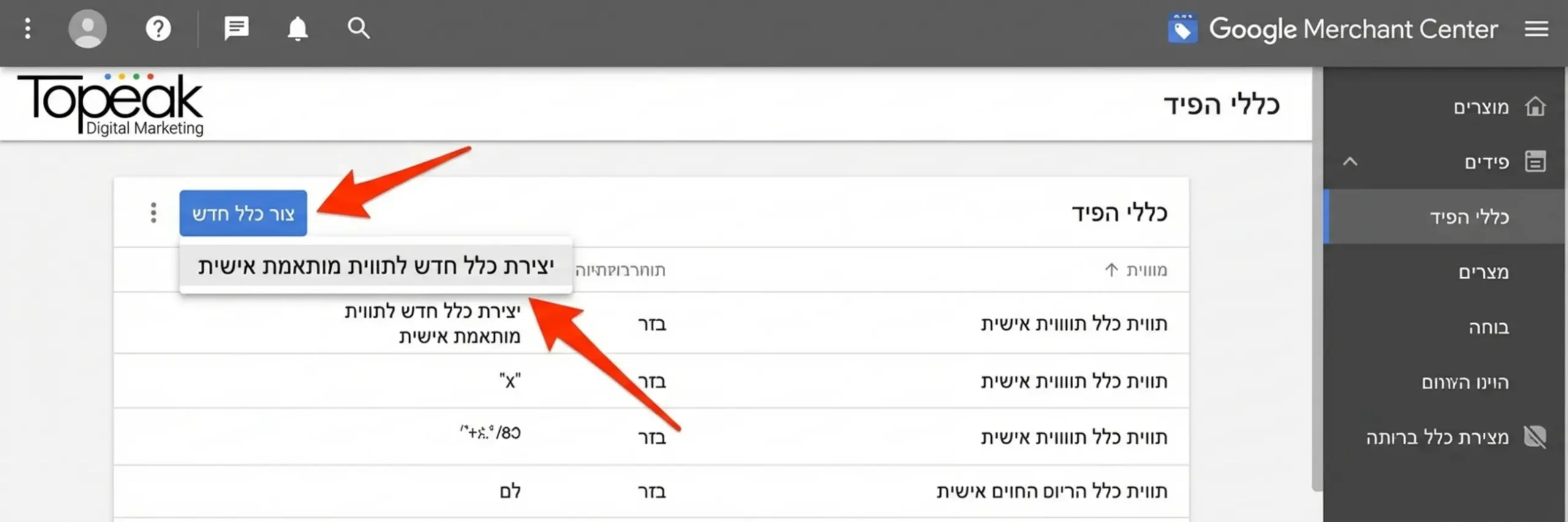צילום מסך מתוך ממשק ה-Merchant Center של גוגל, המציג את אזור ה-Feed Rules עם חץ המצביע על יצירת כלל חדש להגדרת תווית מותאמת אישית
