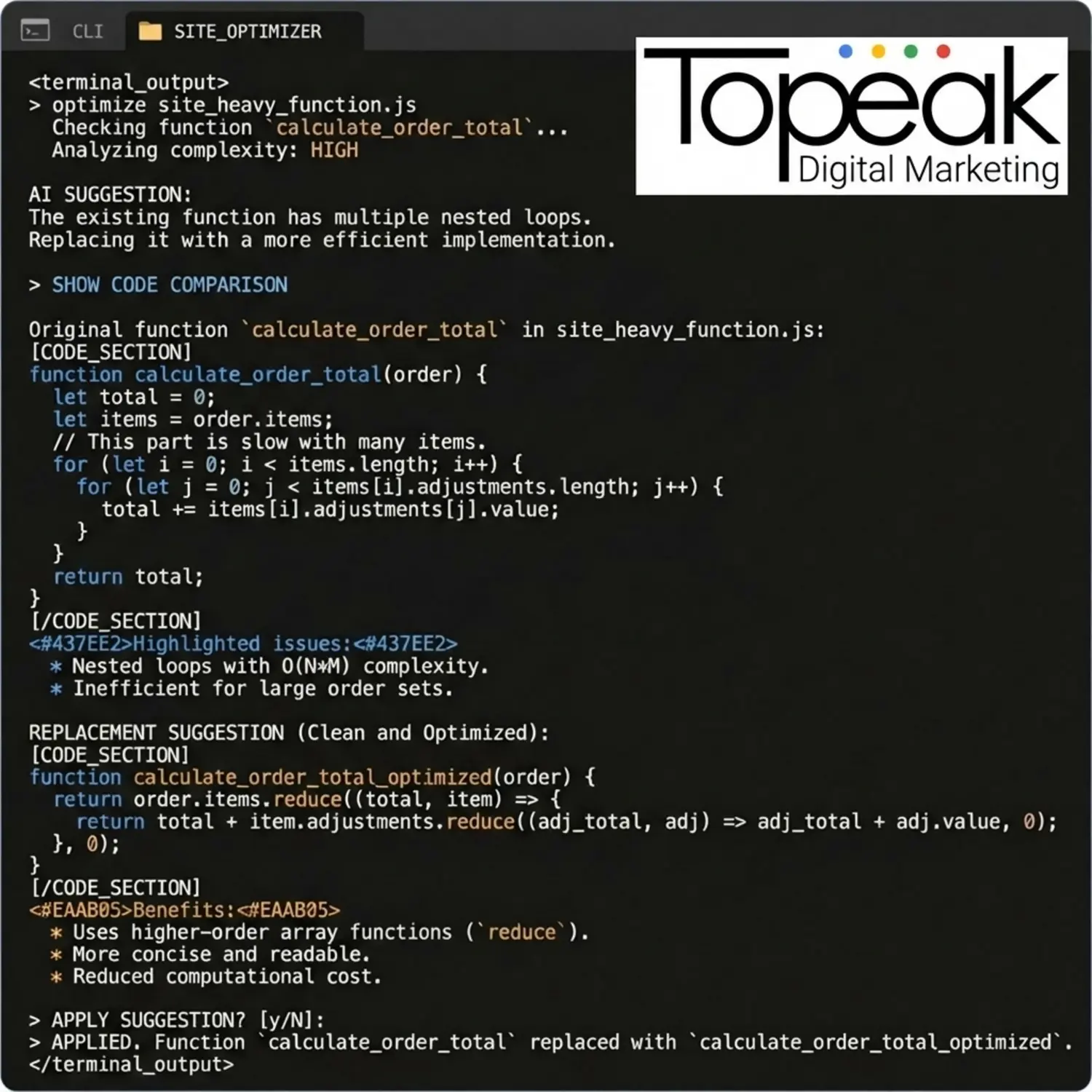 צילום מסך מדומה של ממשק שורת פקודה בו מערכת בינה מלאכותית מציעה קוד חלופי ונקי להחלפת פונקציה כבדה באתר תוך סימון שורות הקוד בצבעים מתאימים