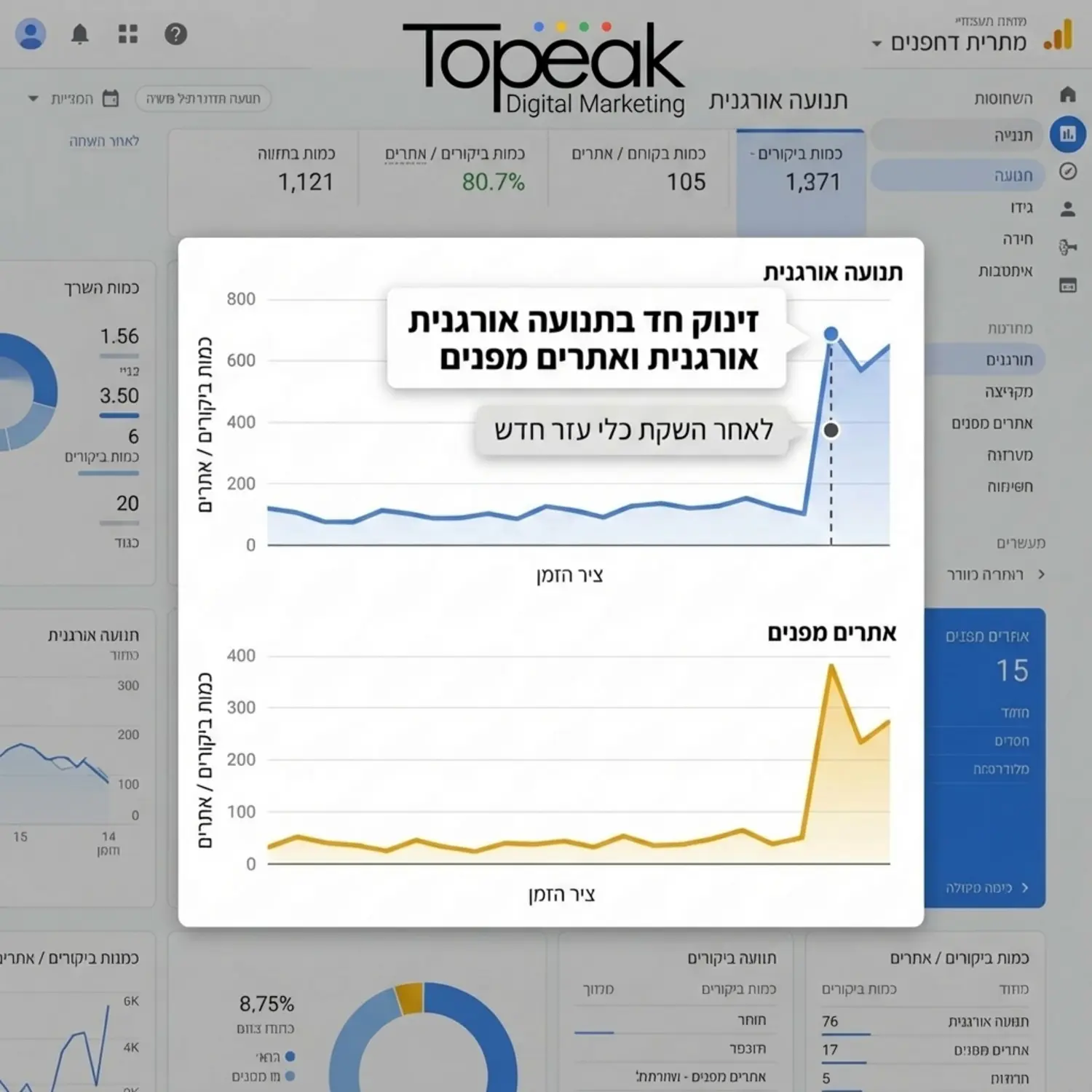 צילום מסך מדומה של לוח בקרה במערכת ניתוח תנועה המציג זינוק חד ומרשים בכמות התנועה האורגנית ובכמות האתרים המפנים מיד לאחר חשיפת כלי העזר הדיגיטלי החדש