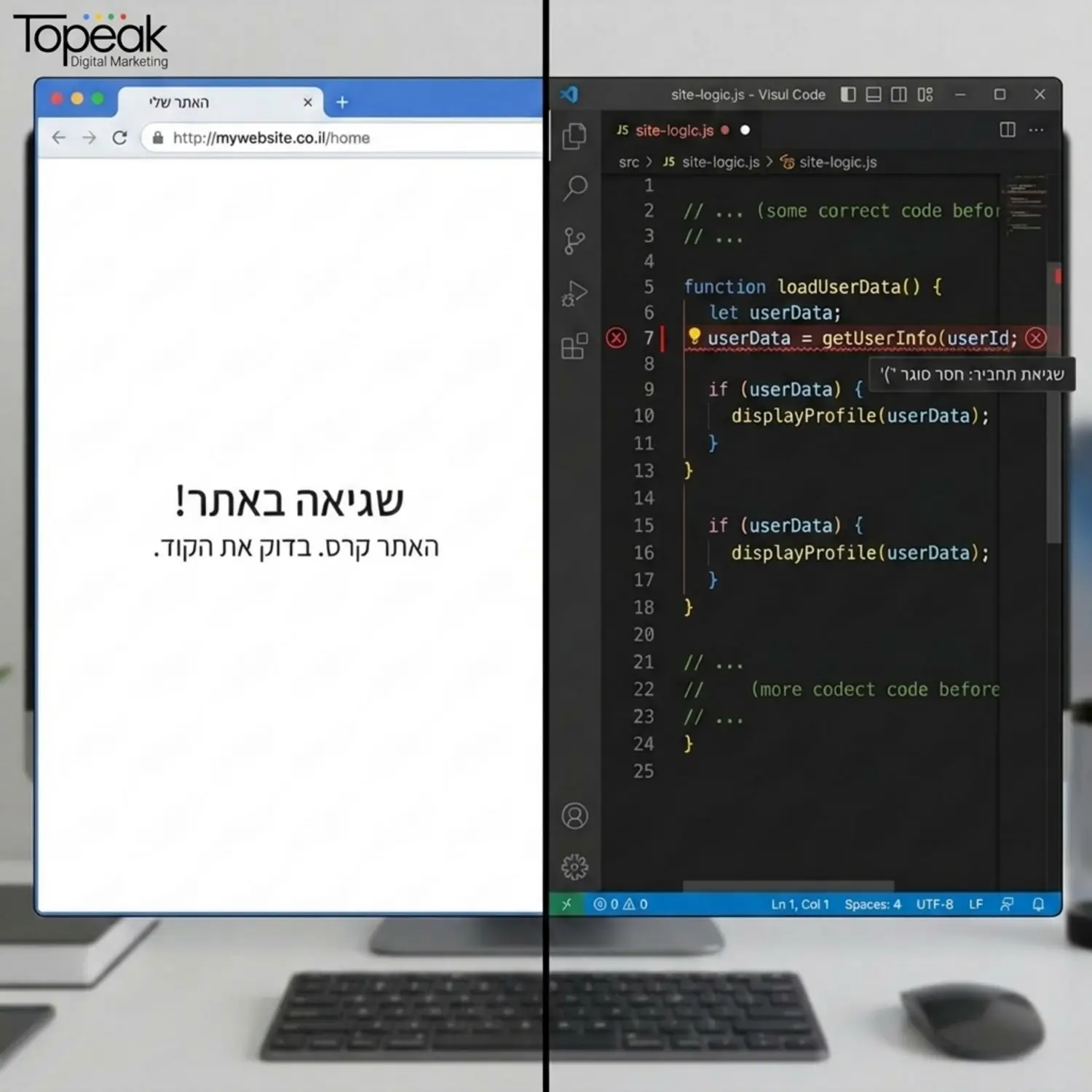 מסך מפוצל המראה בצד אחד שורת קוד שגויה הגורמת לאתר לקרוס מסך לבן ובצד שני עורך קוד מקצועי המדגיש את השגיאה לפני שמירת הקובץ