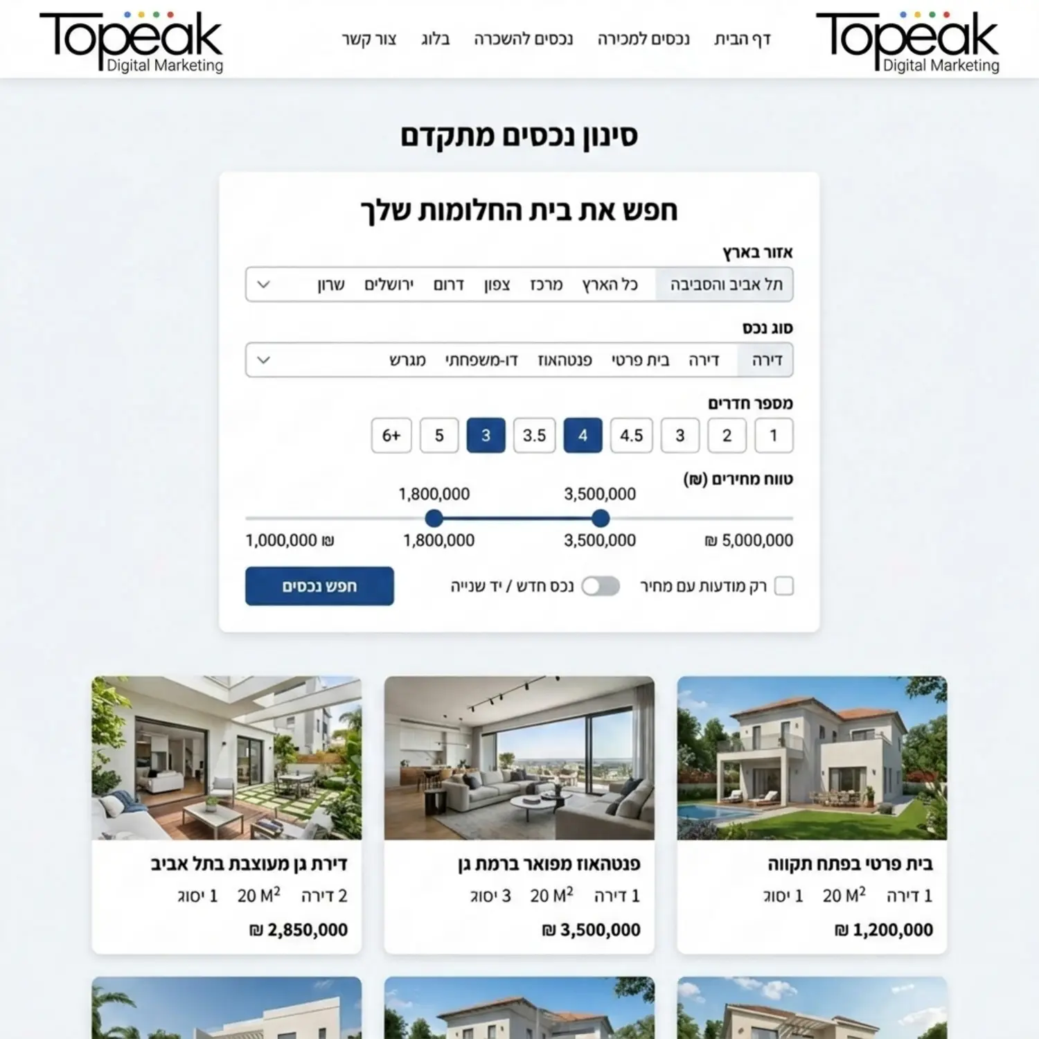 צילום מסך של ממשק סינון נכסים מתקדם באתר נדלן, המציג אפשרויות בחירה של מספר חדרים, טווח מחירים, סוג נכס ואזור בארץ, עם עיצוב נקי וברור