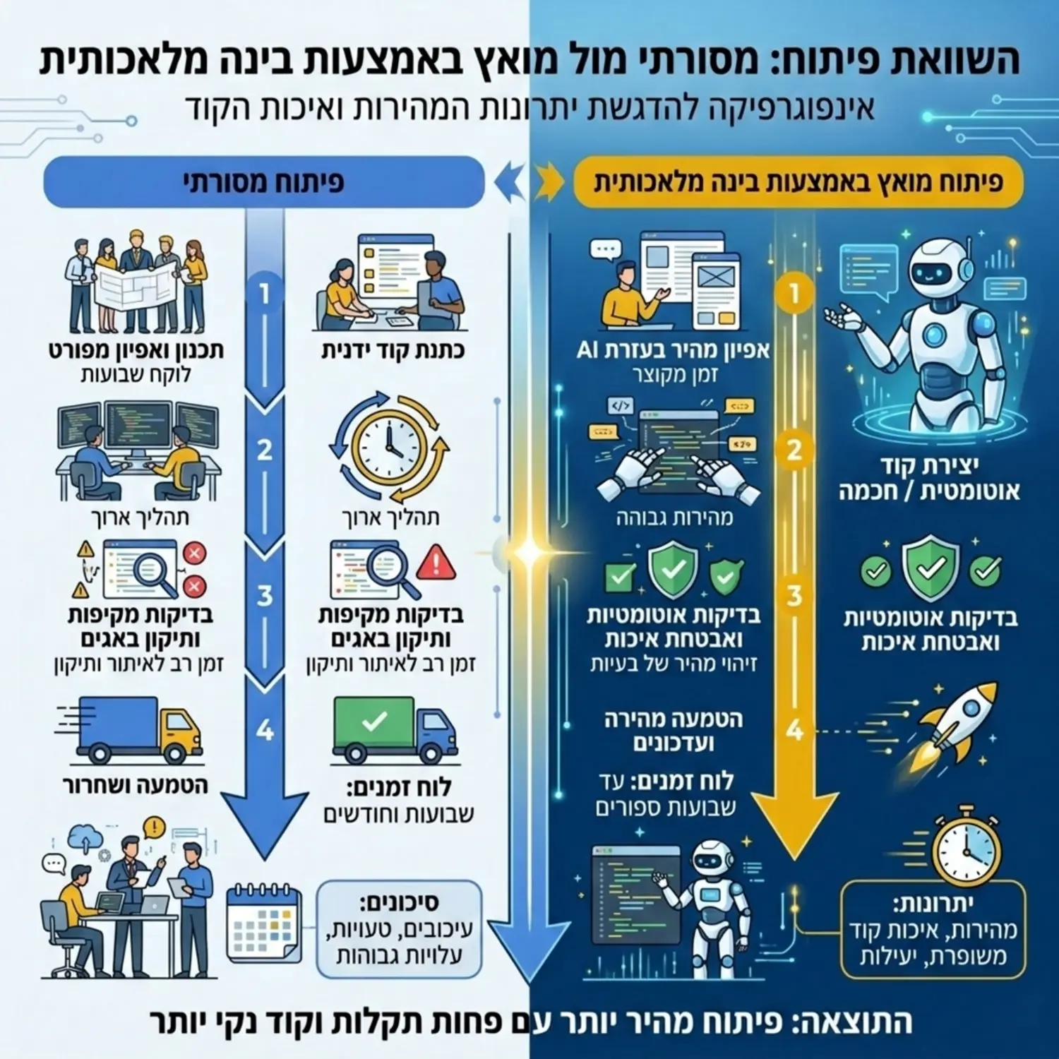 אינפוגרפיקה המציגה בצד אחד פיתוח מסורתי שאורך שבועות ובצד השני פיתוח מואץ באמצעות בינה מלאכותית עם לוחות זמנים מקוצרים ואיכות קוד משופרת