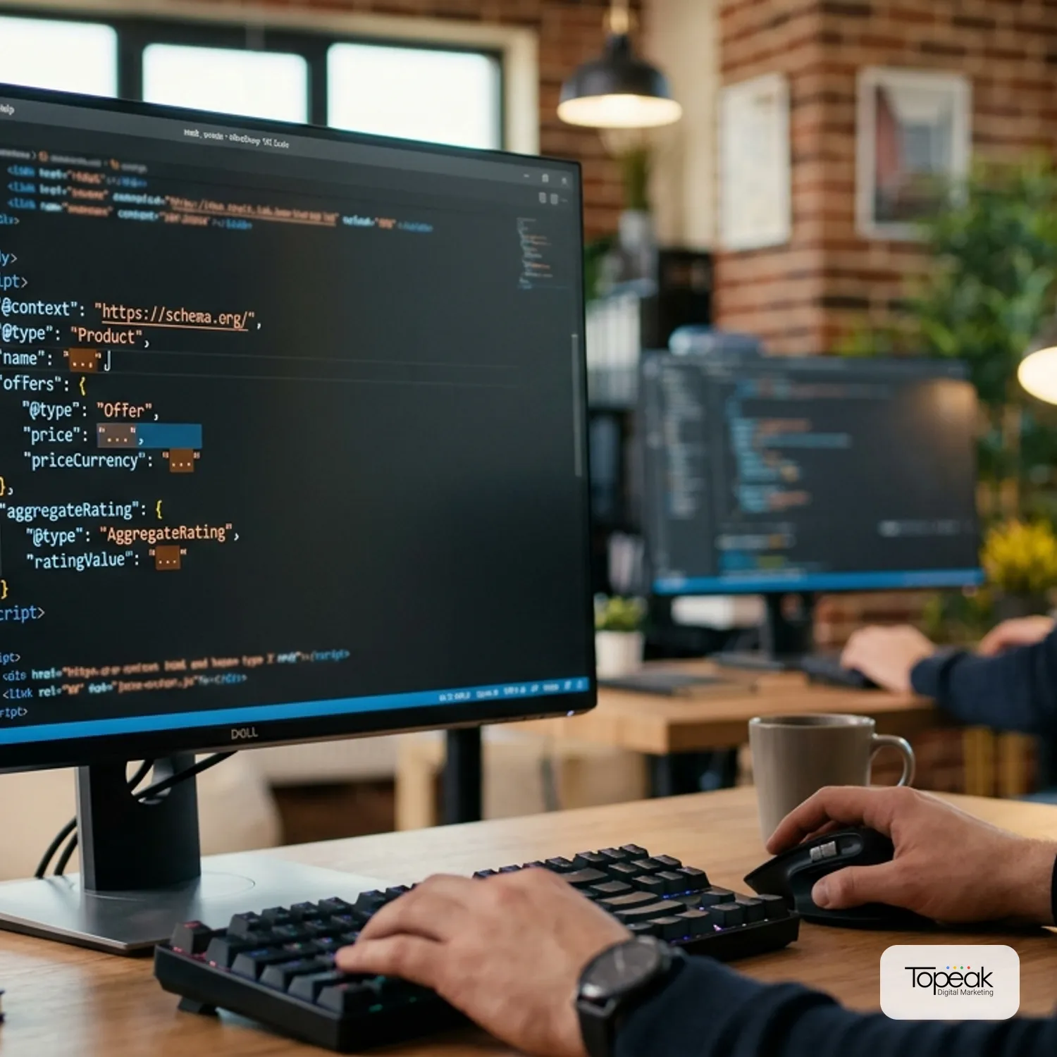 צילום ריאליסטי של מסך מחשב המציג קוד HTML של דף מוצר, כאשר הפוקוס הוא על קטע קוד של Schema.org המדגיש את שם המוצר, המחיר והדירוג. ברקע ניתן לראות סביבת עבודה של מפתח אתרים.