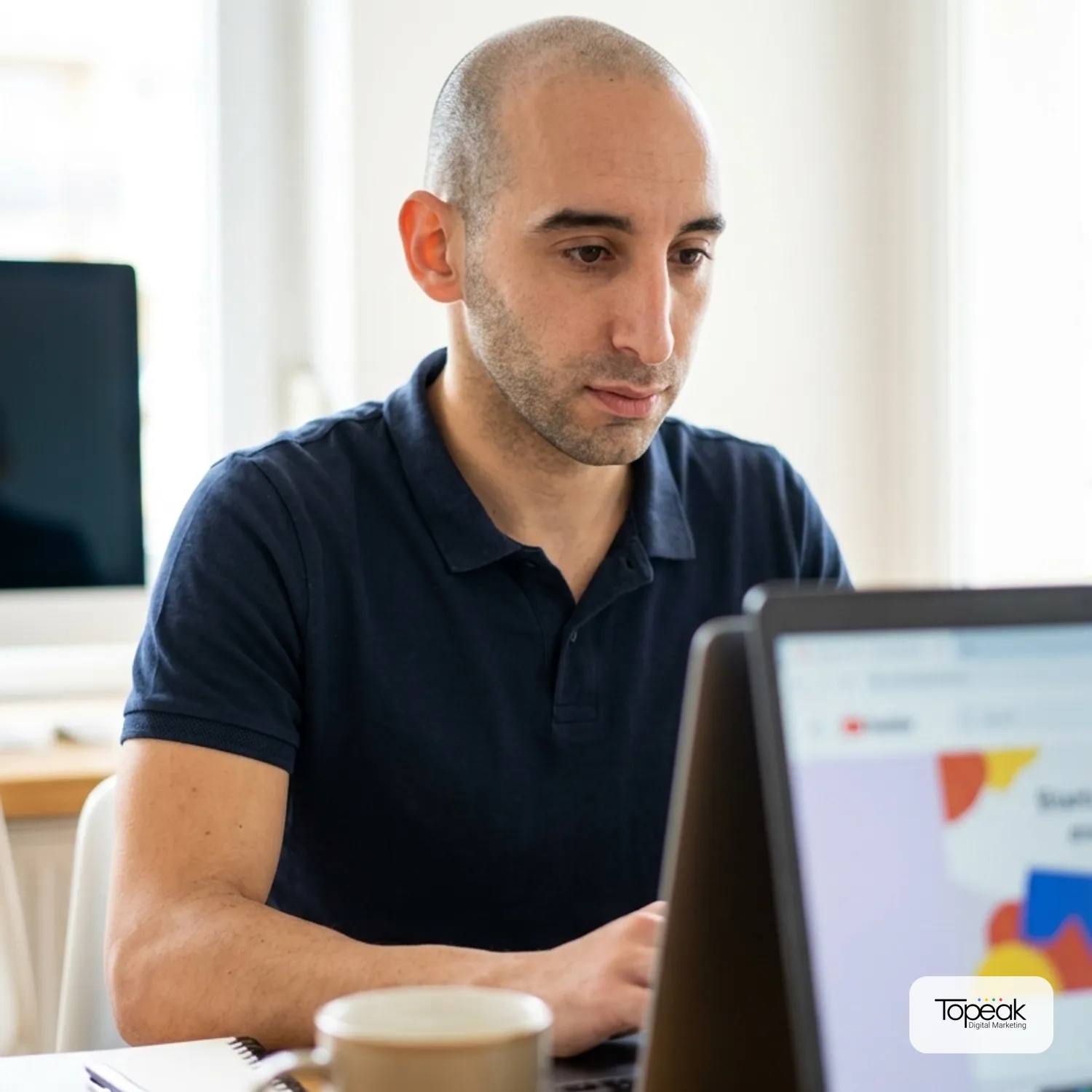 צילום מציאותי של עיתונאית בחדר עבודה ביתי מואר, קוראת מייל על המחשב הנייד שלה עם הבעת עניין, כוס קפה לידה, פוקוס על הפנים שלה.