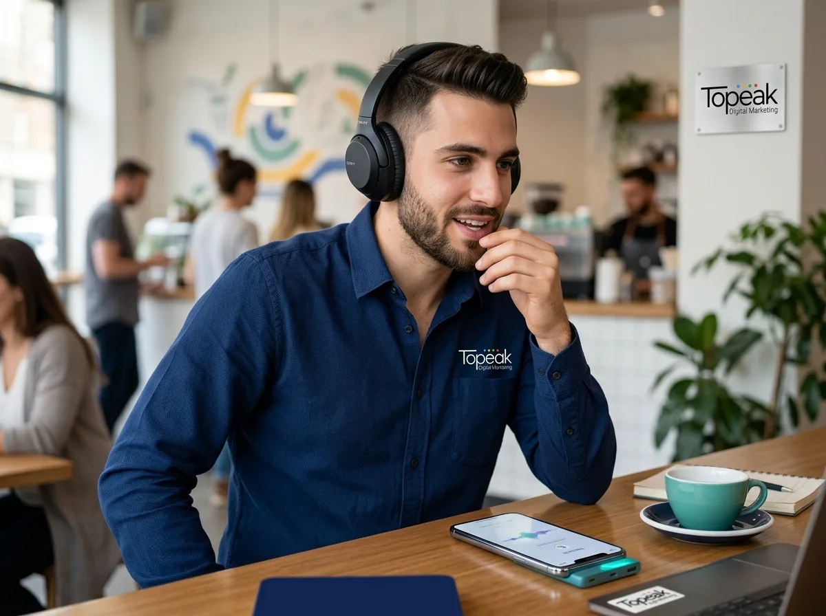 גבר צעיר יושב בבית קפה ומבצע חיפוש קולי בסמארטפון