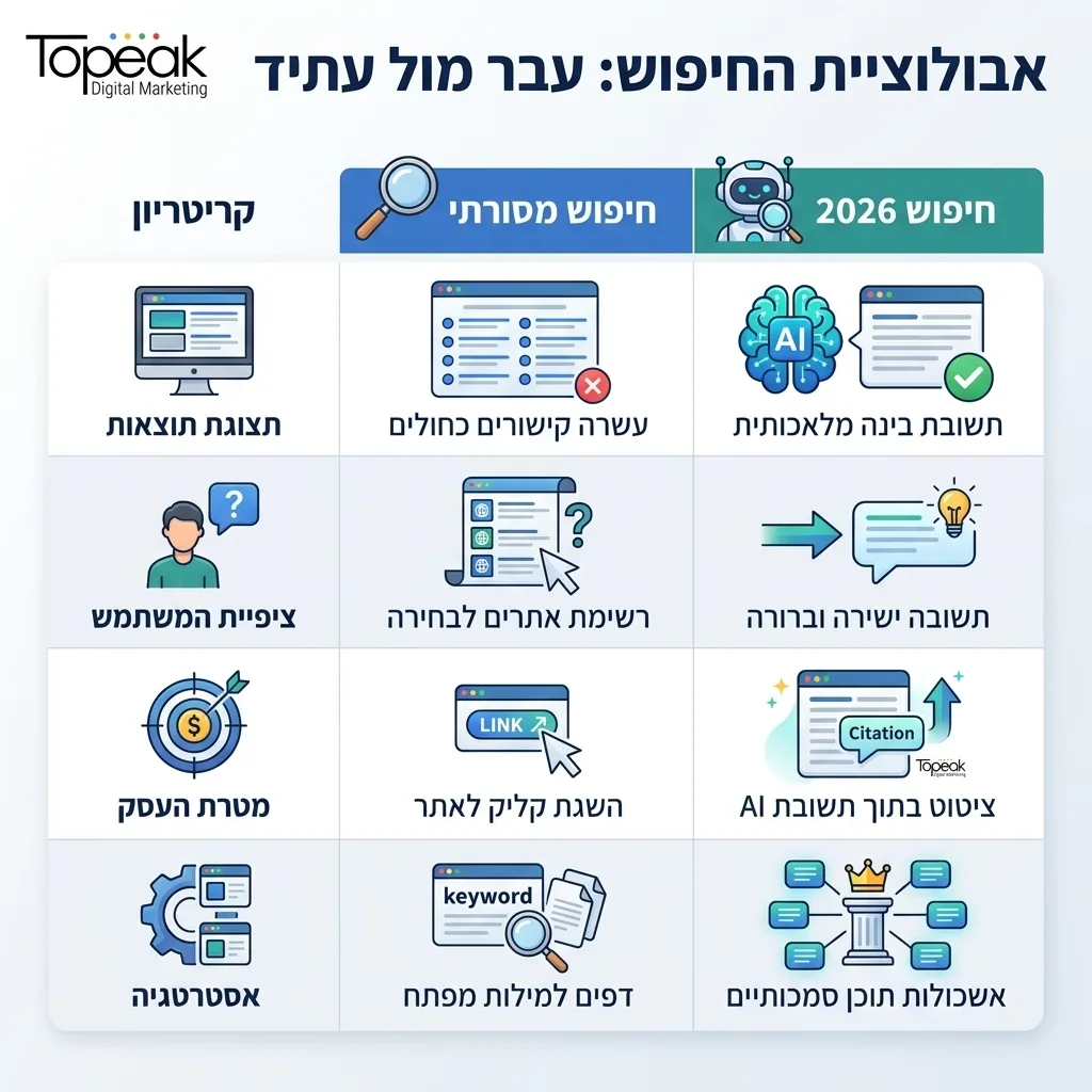 אינפוגרפיקה — אבולוציית החיפוש: עבר מול עתיד: השוואה בין החיפוש המסורתי, חיפוש בשנת 2026