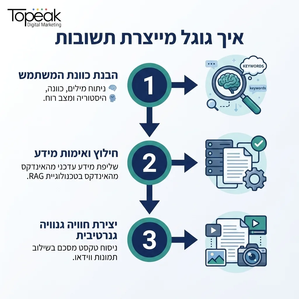 אינפוגרפיקה — איך גוגל מייצרת תשובות: הבנת כוונת המשתמש, חילוץ ואימות מידע, יצירת חוויה גנרטיבית