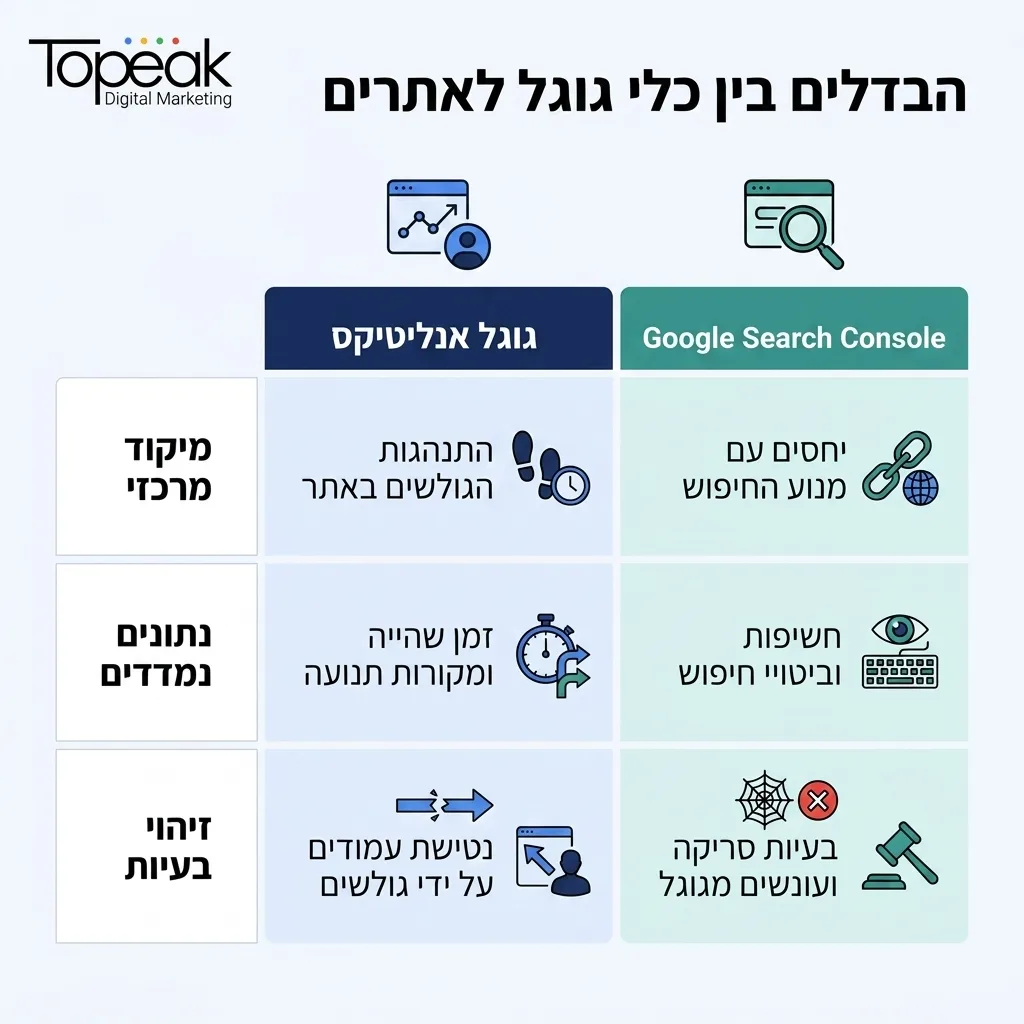 אינפוגרפיקה — הבדלים בין כלי גוגל לאתרים: השוואה בין גוגל אנליטיקס, Search Console