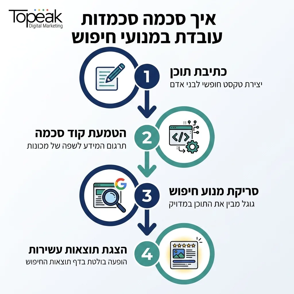 אינפוגרפיקה — איך סכמה עובדת במנועי חיפוש: כתיבת תוכן, הטמעת קוד סכמה, סריקת מנוע חיפוש, הצגת תוצאות עשירות