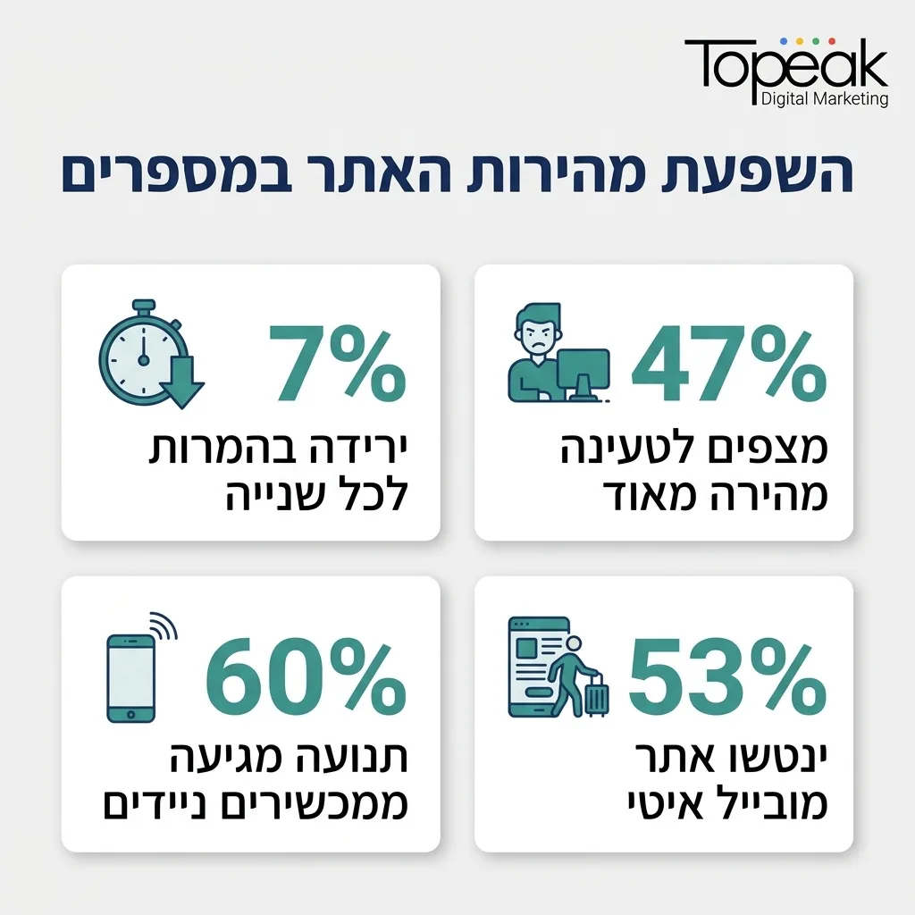 אינפוגרפיקה — השפעת מהירות האתר במספרים: ירידה בהמרות לכל שנייה, מצפים לטעינה מהירה מאוד, תנועה מגיעה ממכשירים ניידים, ינטשו 