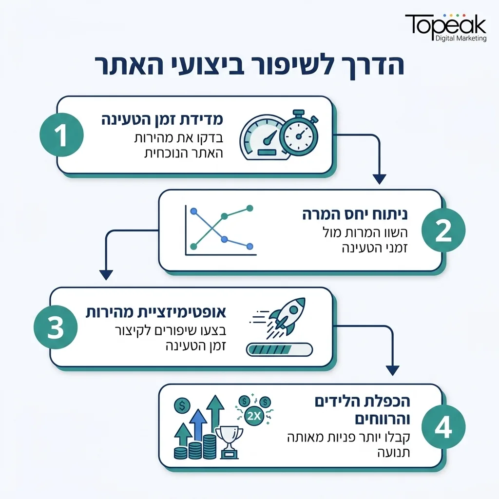 אינפוגרפיקה — הדרך לשיפור ביצועי האתר: מדידת זמן הטעינה, ניתוח יחס המרה, אופטימיזציית מהירות, הכפלת הלידים והרווחים