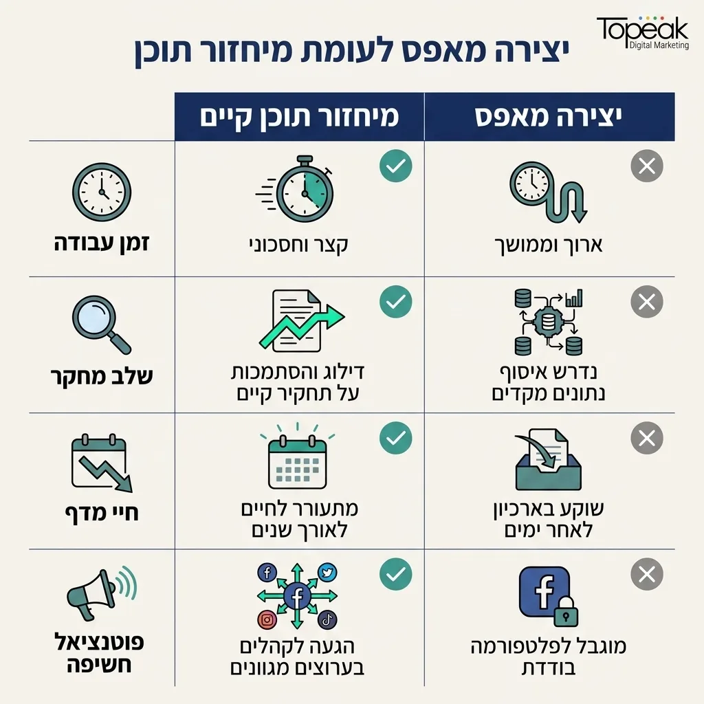אינפוגרפיקה — יצירה מאפס לעומת מיחזור תוכן: השוואה בין יצירת תוכן מאפס, מיחזור תוכן קיים