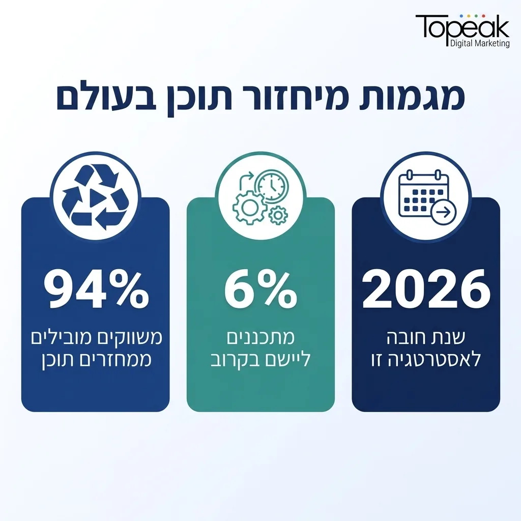 אינפוגרפיקה — מגמות מיחזור תוכן בעולם: משווקים מובילים ממחזרים תוכן, מתכננים ליישם בקרוב, שנת חובה לאסטרטגיה זו