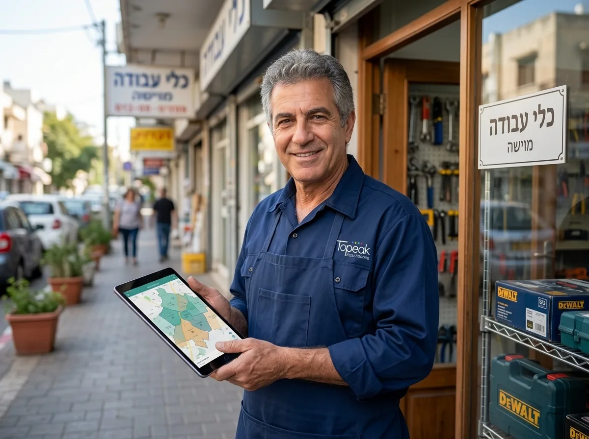 צילום פוטו-ריאליסטי של בעל חנות כלי עבודה מקומית עומד בחזית החנות, מחזיק טאבלט המציג מפה של אזורי השירות, תאורת בוקר טבעית ברחוב ישראלי טיפוסי, רזולוציה גבוהה