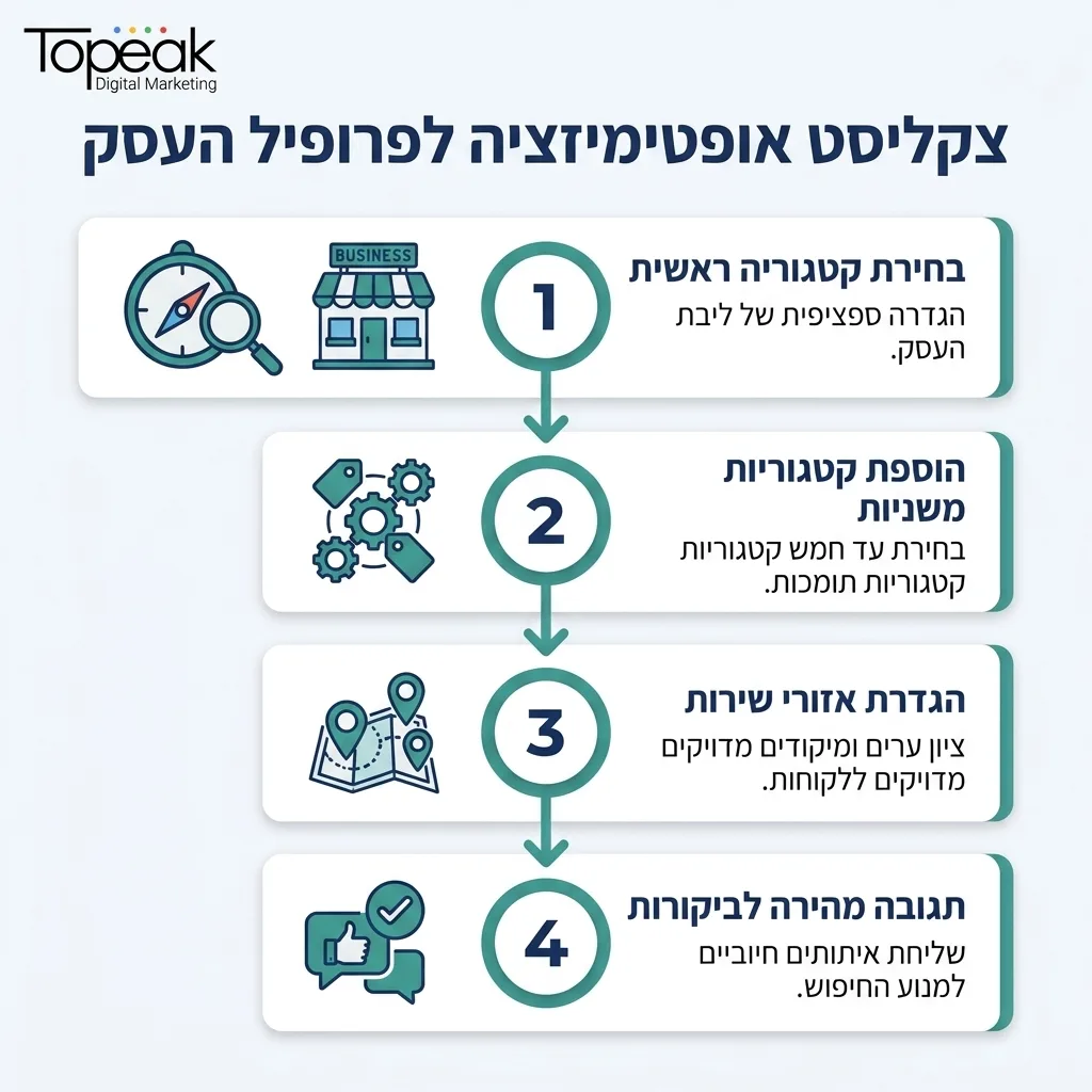 אינפוגרפיקה — צקליסט אופטימיזציה לפרופיל העסק: בחירת קטגוריה ראשית, הוספת קטגוריות משניות, הגדרת אזורי שירות, תגובה מהירה לבי