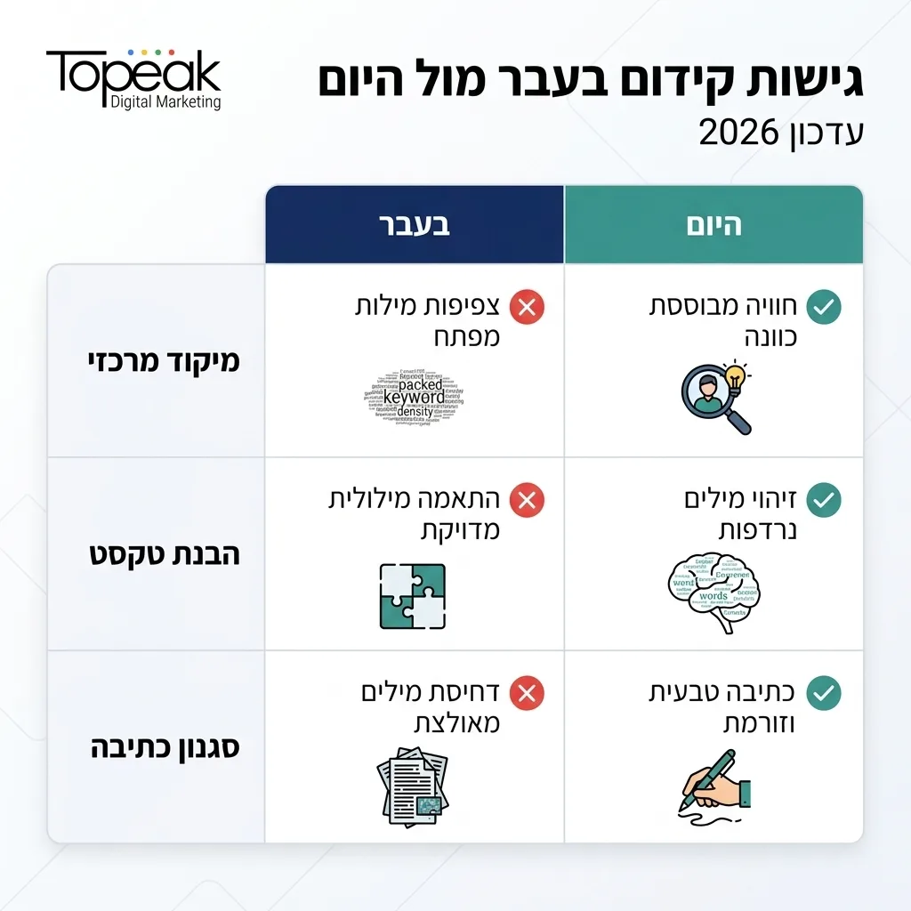 אינפוגרפיקה — גישות קידום בעבר מול היום: השוואה בין בעבר, עדכון 2026