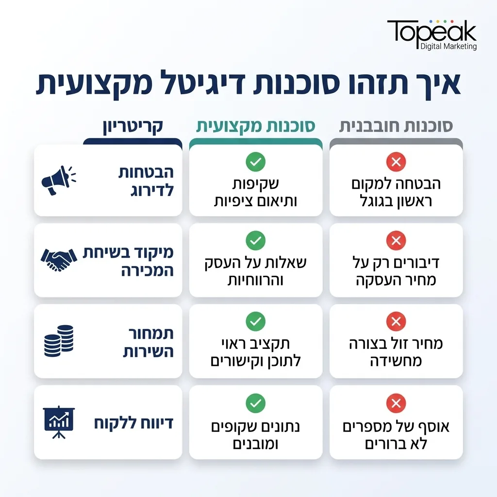 אינפוגרפיקה — איך תזהו סוכנות דיגיטל מקצועית: השוואה בין סוכנות מקצועית, סוכנות חובבנית
