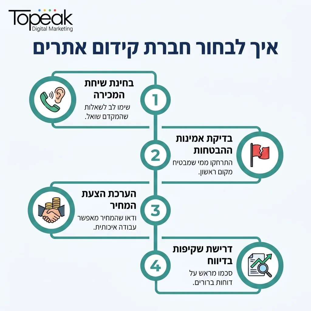 אינפוגרפיקה — איך לבחור חברת קידום אתרים: בחינת שיחת המכירה, בדיקת אמינות ההבטחות, הערכת הצעת המחיר, דרישת שקיפות בדיווח