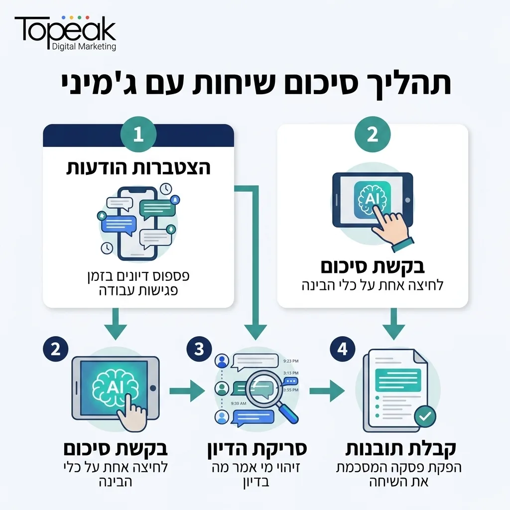 אינפוגרפיקה — תהליך סיכום שיחות עם ג'מיני: הצטברות הודעות, בקשת סיכום, סריקת הדיון, קבלת תובנות
