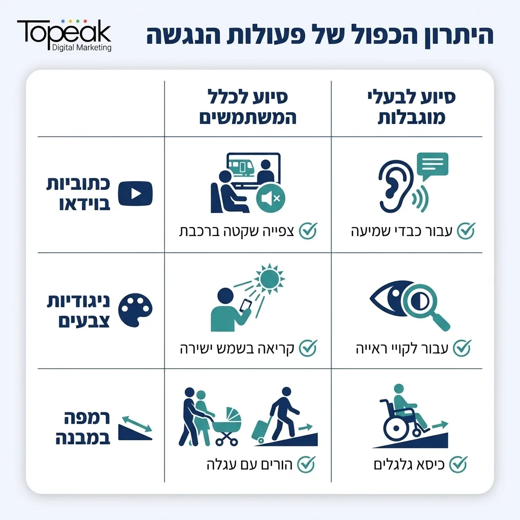 אינפוגרפיקה — היתרון הכפול של פעולות הנגשה: השוואה בין סיוע לבעלי מוגבלות, סיוע לכלל המשתמשים