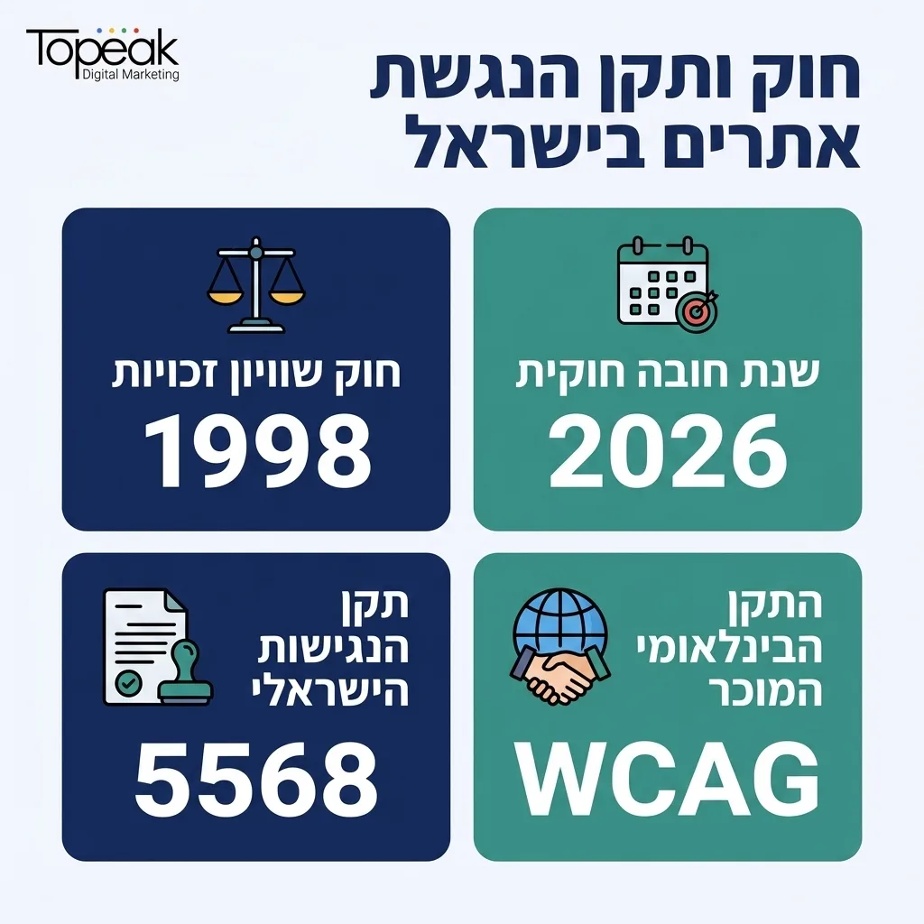 אינפוגרפיקה — חוק ותקן הנגשת אתרים בישראל: חוק שוויון זכויות, שנת חובה חוקית, תקן הנגישות הישראלי, התקן הבינלאומי המוכר