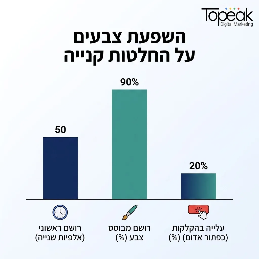 אינפוגרפיקה — השפעת צבעים על החלטות קנייה: אלפיות שנייה לרושם ראשוני, מהרושם מבוסס על צבע, עלייה בהקלקות לכפתור אדום