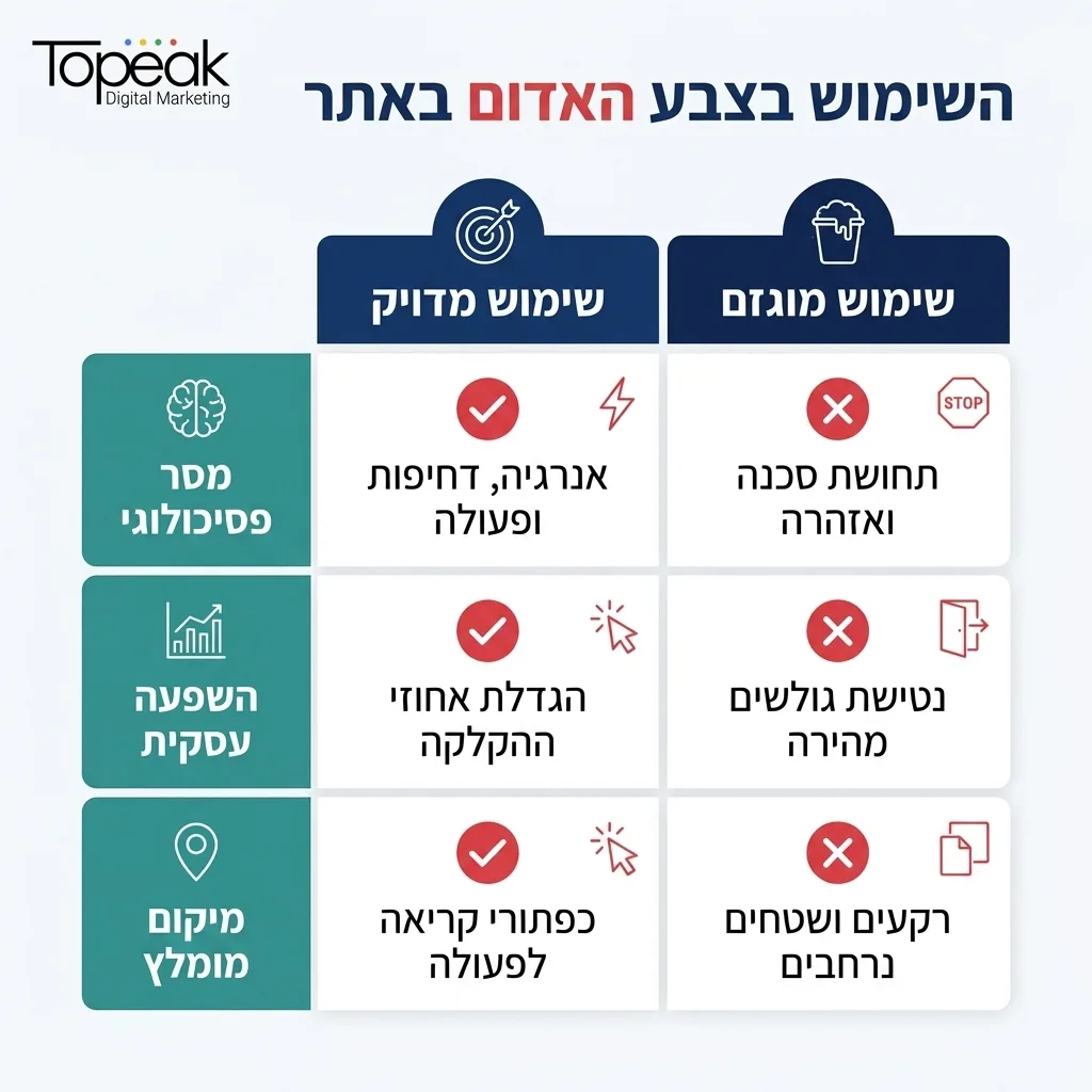 אינפוגרפיקה — השימוש בצבע האדום באתר: השוואה בין שימוש מדויק, שימוש מוגזם
