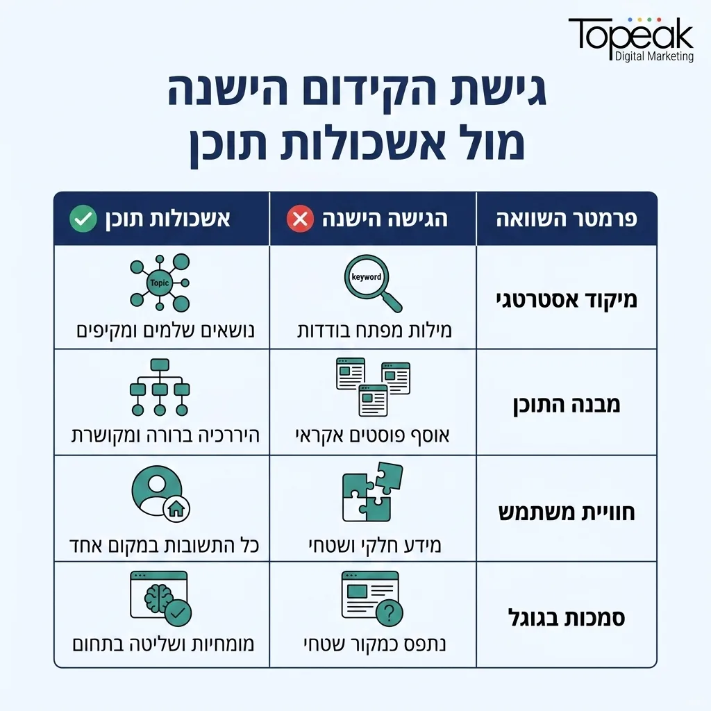 אינפוגרפיקה — גישת הקידום הישנה מול אשכולות תוכן: השוואה בין הגישה הישנה, אשכולות תוכן