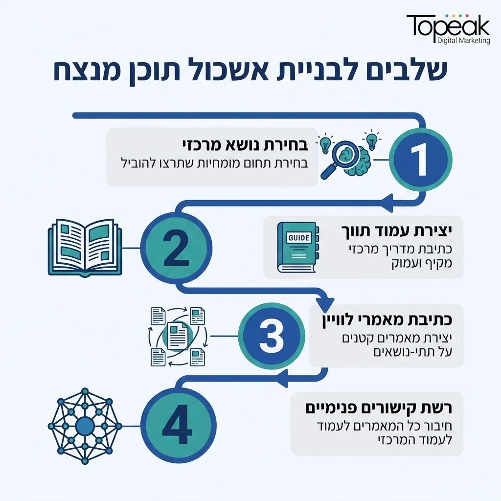אינפוגרפיקה — שלבים לבניית אשכול תוכן מנצח: בחירת נושא מרכזי, יצירת עמוד תווך, כתיבת מאמרי לוויין, רשת קישורים פנימיים