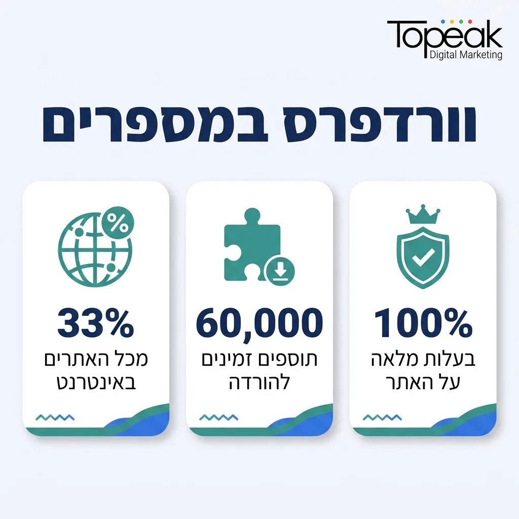 אינפוגרפיקה — וורדפרס במספרים: מכל האתרים באינטרנט, תוספים זמינים להורדה, בעלות מלאה על האתר
