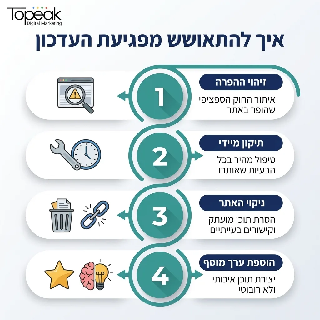 אינפוגרפיקה — איך להתאושש מפגיעת העדכון: זיהוי ההפרה, תיקון מיידי, ניקוי האתר, הוספת ערך מוסף