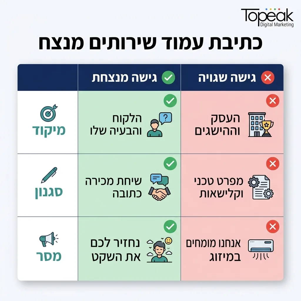 אינפוגרפיקה — כתיבת עמוד שירותים מנצח: השוואה בין גישה שגויה, גישה מנצחת