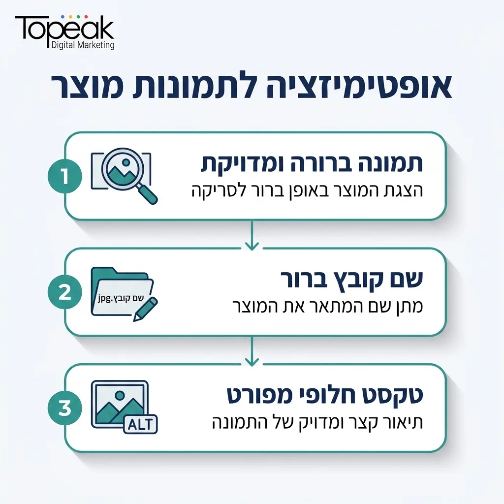 אינפוגרפיקה — אופטימיזציה לתמונות מוצר: תמונה ברורה ומדויקת, שם קובץ ברור, טקסט חלופי מפורט