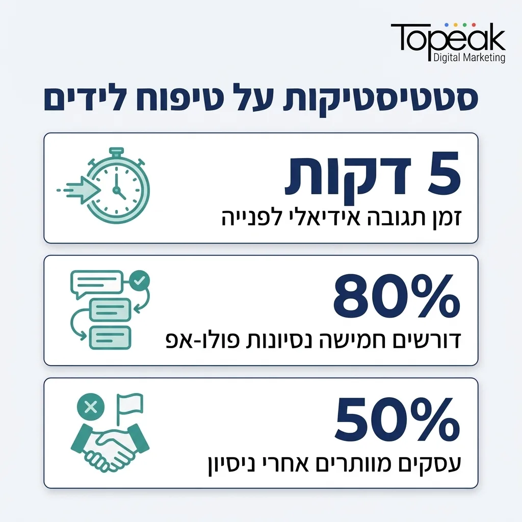 אינפוגרפיקה — סטטיסטיקות על טיפוח לידים: זמן תגובה אידיאלי לפנייה, דורשים חמישה נסיונות פולו-אפ, עסקים מוותרים אחרי ניסיון