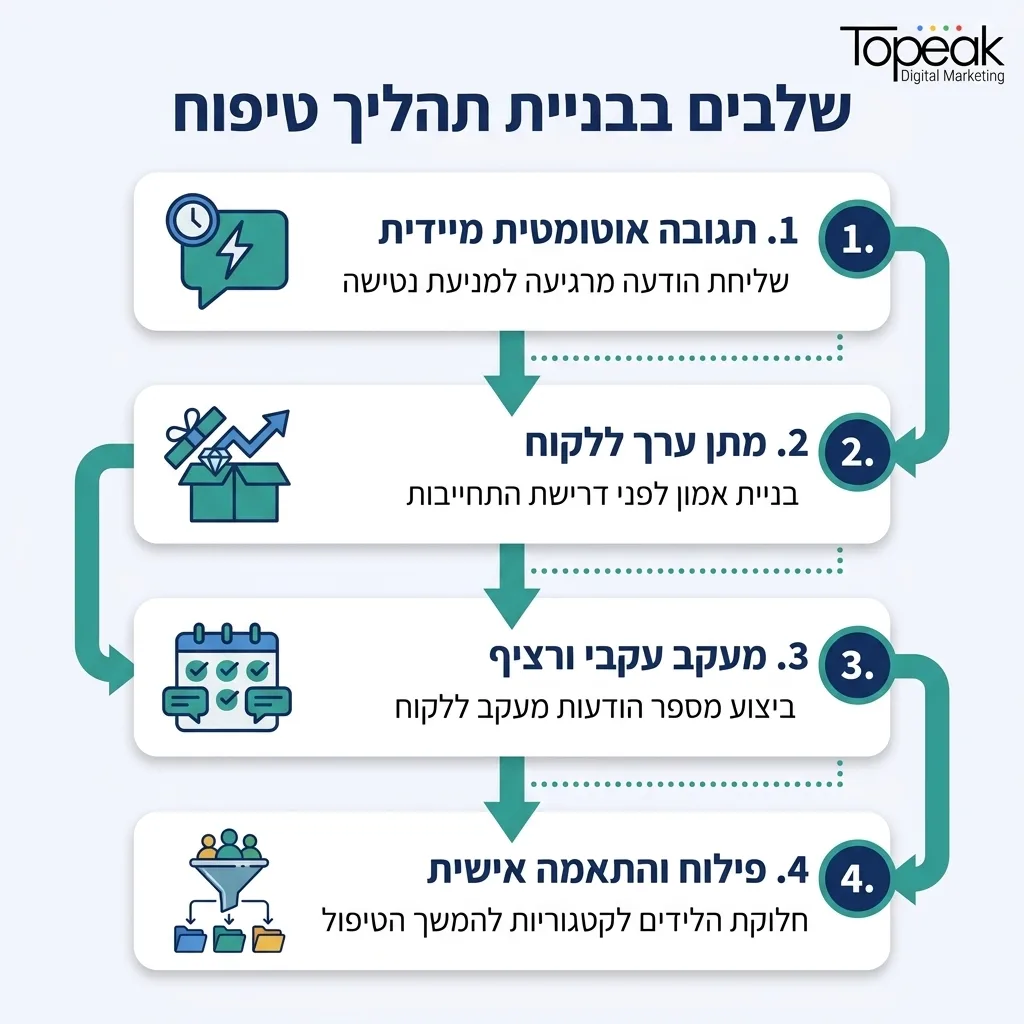 אינפוגרפיקה — שלבים בבניית תהליך טיפוח: תגובה אוטומטית מיידית, מתן ערך ללקוח, מעקב עקבי ורציף, פילוח והתאמה אישית